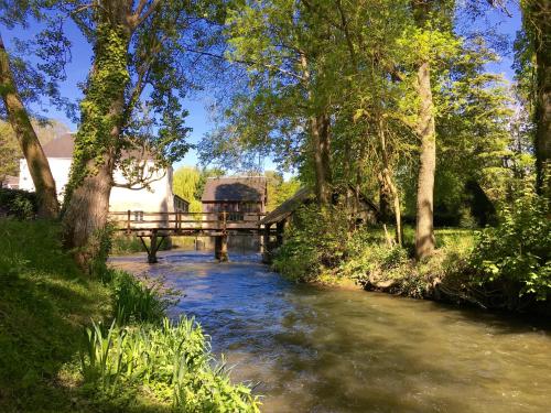 a bridge over a river next to a forest at Domaine du moulin de la plaine - L'île Ô Reflets in Trôo