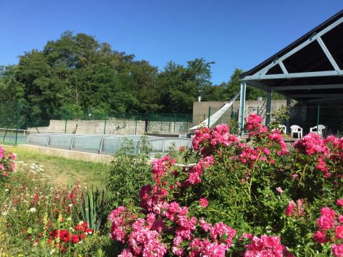 a garden with pink flowers in front of a building at Domaine du moulin de la plaine - L'île Ô Reflets in Trôo