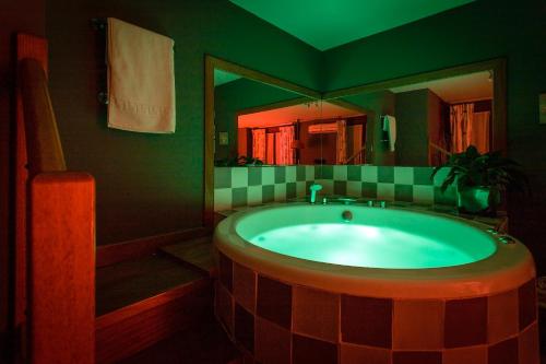 a bathroom with a large tub and a mirror at Posada Valle de Güemes in Güemes