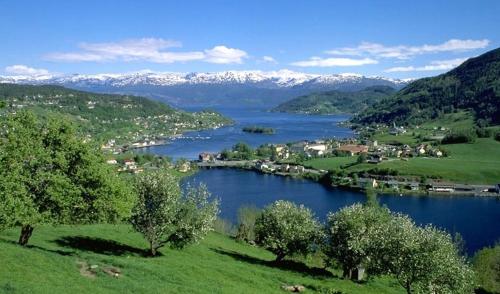a lake with trees and a town and snow covered mountains at Hardanger Feriesenter Nesvika in Norheimsund