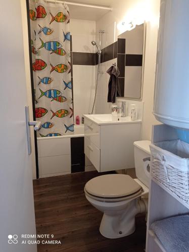 une salle de bain avec toilettes et douche dans l'établissement Appartements Les remparts d'Alienor, à Poitiers