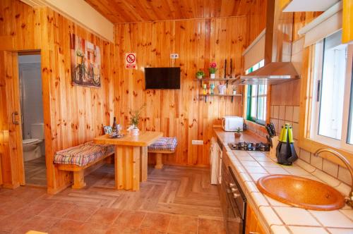 cocina con paredes de madera, fregadero y encimera en Casa Mercedes en El Río