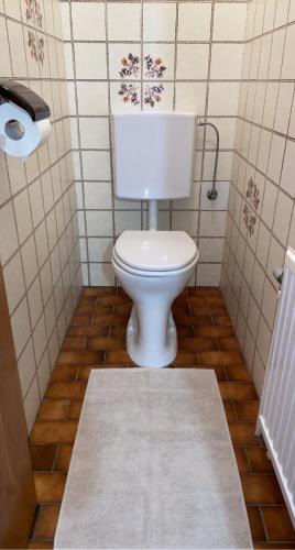 a bathroom with a toilet in a tiled room at Landhaus nähe Neusiedler See in Jois