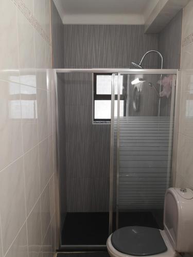 a bathroom with a shower with a toilet and a window at Abrigo das Nortadas in Vila do Bispo