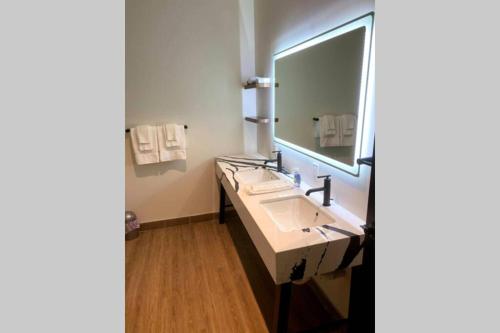 ein Badezimmer mit zwei Waschbecken und einem großen Spiegel in der Unterkunft 3E-Spacious close to PITT/CMU/Carlow, Sleeps 4 in Pittsburgh