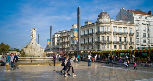 a group of people walking around a city with a statue at Hôtel Royal in Montpellier