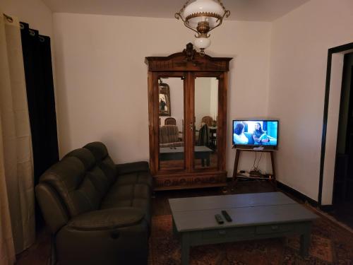 a living room with a couch and a mirror at LES TERRASSES DE L'ALLIER in Monistrol-dʼAllier