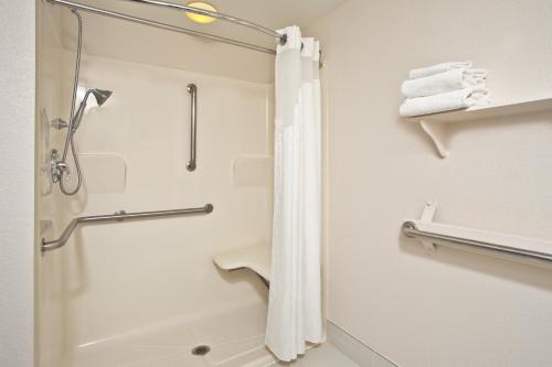 bagno con doccia e tenda doccia di Holiday Inn Express Hotel and Suites Harrington - Dover Area, an IHG Hotel a Harrington