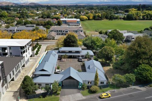 an aerial view of a town with a building at Havelock North Motor Lodge in Havelock North