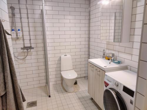 a bathroom with a toilet and a sink and a washing machine at Apartment near the Harbour in Turku