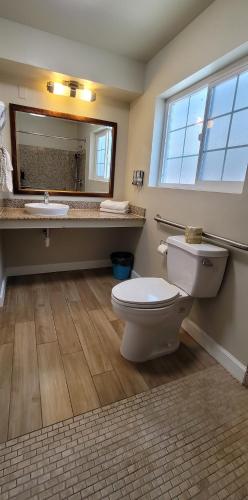 a bathroom with a toilet and a sink and a mirror at Beachwalker Inn & Suites in Pismo Beach