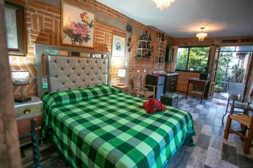 1 dormitorio con 1 cama con manta blanca y verde a cuadros en Majikal B&B - Barro Negro, en Cholula