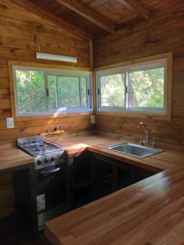 a kitchen with a stove and a sink and two windows at Cabañas Amo Río - Delta in Tigre