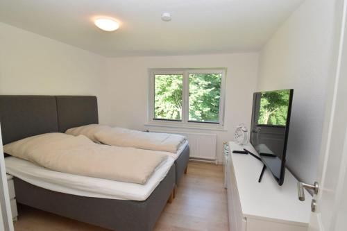 a bedroom with two beds and a television in it at fewo1846 - Solskin - ländlich gelegene Wohnung mit 2 Schlafzimmern in Flensburg