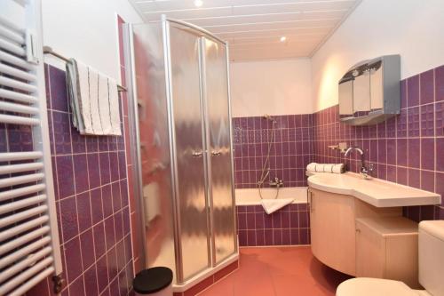 ein Bad mit einer Dusche, einem WC und einem Waschbecken in der Unterkunft fewo1846 - EastSide - komfortables Apartment im 2 OG mit Balkon und TG-Stellplatz in Flensburg