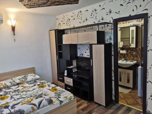 - une chambre avec un lit, un lavabo et un miroir dans l'établissement Garsoniera Gara de Nord, à Bucarest