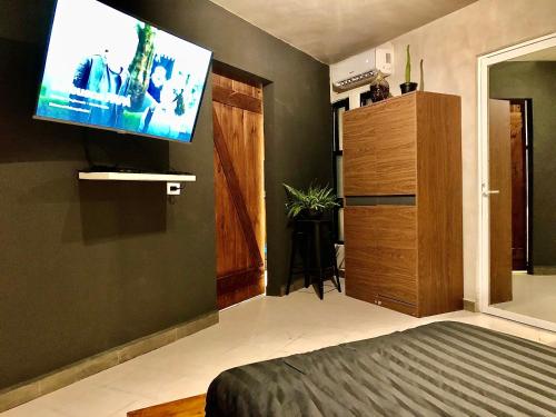a bedroom with a bed and a flat screen tv on the wall at Zyan Rooms in Villahermosa