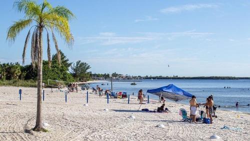 a group of people on a beach with a palm tree at Little Harbor Resort #116 Tampa Bay Florida Beach Bayview in Ruskin