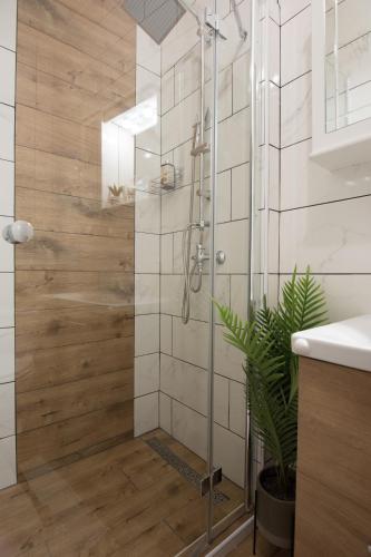 a shower stall with a glass door in a bathroom at VILLA MARIA Požega in Požega