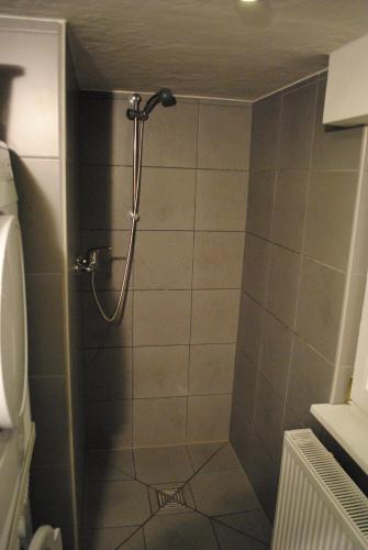 a shower in a bathroom with a tile floor at Vakantiehuis Ramsbeck in Ramsbeck