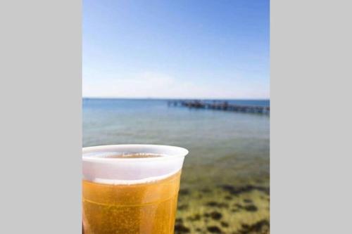 a cup of beer sitting next to the ocean at Little Harbor Resort #510 Tampa Bay FL Beach, Hot Tub, Pools in Ruskin