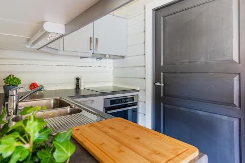a kitchen with a sink and a stove at Senja Fjordcamp in Torsken