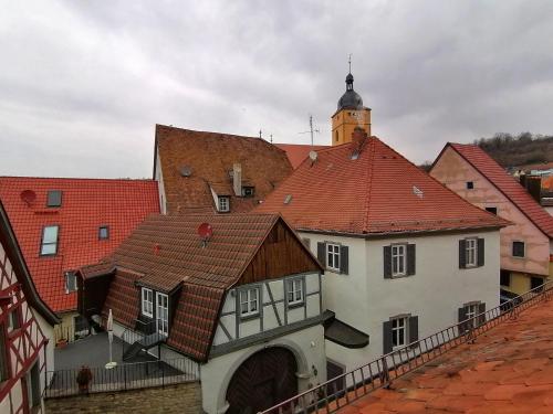 uitzicht op een groep gebouwen met rode daken bij Gasthof Hotel Weinbau "Zum Goldenen Ochsen" in Sommerhausen