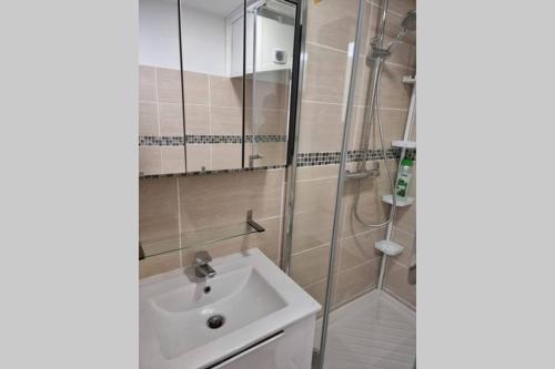 W łazience znajduje się umywalka i prysznic. w obiekcie Studio de charme pour concentration et détente w mieście Houilles