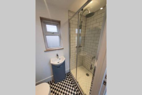 y baño con aseo, lavabo y ducha. en Cosy detached studio- walking distance to CWOA!, en Chessington