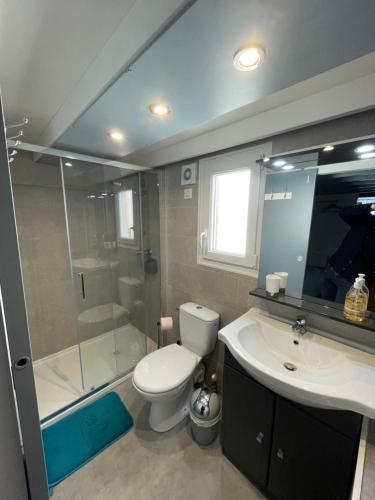 uma casa de banho com um chuveiro, um WC e um lavatório. em Le Cotin em Fécamp