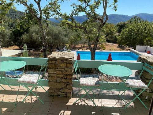 a patio with two tables and chairs next to a swimming pool at La Bergerie des Oliviers in Méounes-lès-Montrieux