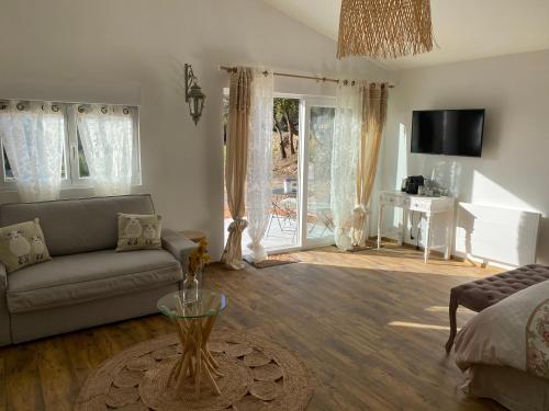 a living room with a couch and a table at La Bergerie des Oliviers in Méounes-lès-Montrieux