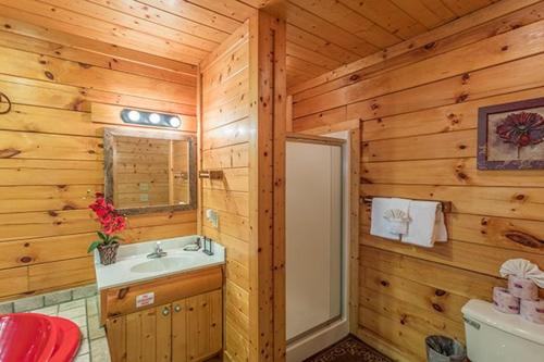 a bathroom with a sink and a toilet in a cabin at Smokey Max Cabin in Pigeon Forge