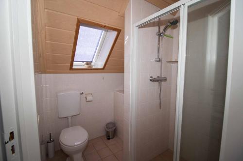 a bathroom with a toilet and a shower with a window at Vakantiehuis Aangenaam - Olde Horst in Diever