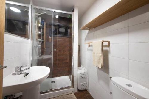 a bathroom with a sink and a shower and a toilet at ACOGEDOR APARTAMENTO a 10 MINUTOS de la CIUDAD in Rentería