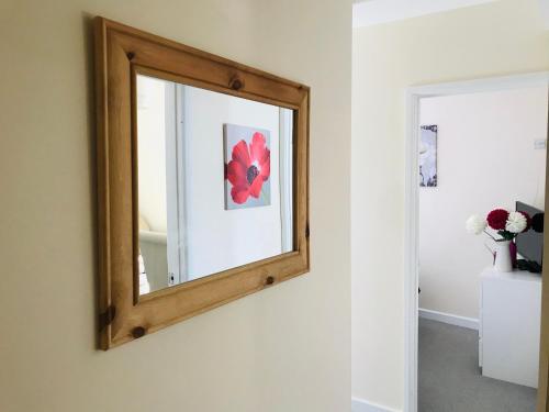 a mirror on a wall with a red flower on it at Pavilion Holiday Apartments in Weston-super-Mare