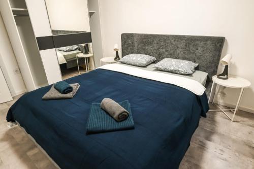 a bedroom with a large bed with blue sheets and pillows at Chill Out Apartment in Novi Sad