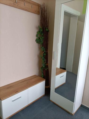 a dressing room with a mirror and a dresser at Hotel-Restaurant Babylon in Dierdorf