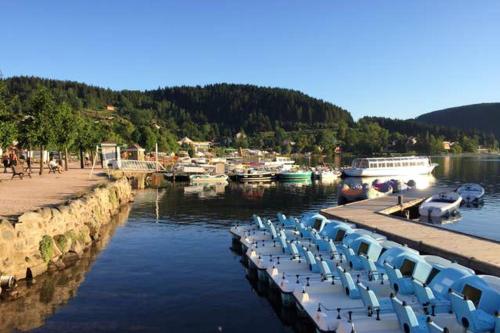 a bunch of chairs are lined up in a harbor at Appartement spacieux Gérardmer 90 m² in Gérardmer
