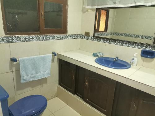 ein Badezimmer mit einem blauen Waschbecken und einem Spiegel in der Unterkunft A&A apartamento in Cochabamba