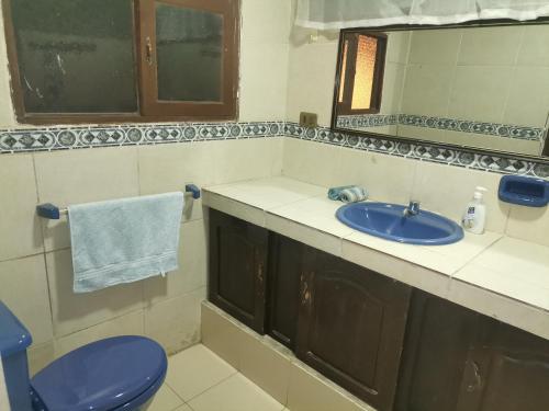 a bathroom with a blue sink and a mirror at A&A apartamento in Cochabamba