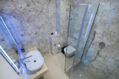 a bathroom with a shower and a toilet and a sink at Brilliant Hotel & SPA in Golem