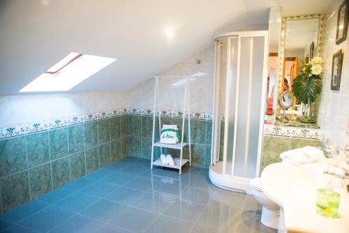Un baño con ducha, inodoro y lavabo. en CASA LAS PALMERAS, en Cambados