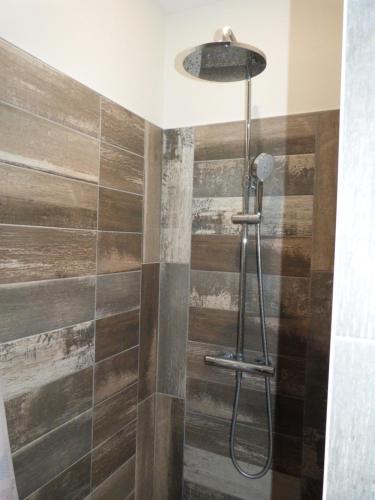 y baño con ducha y pared de madera. en la maison des coquelicots, en Saint-Genès-de-Fronsac