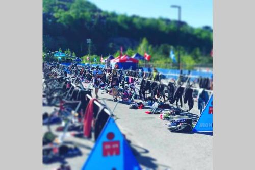 a beach with a bunch of chairs and umbrellas at Escapade Pinoteau Tremblant Getaway in Mont-Tremblant