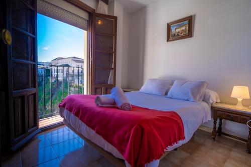 ein Schlafzimmer mit einem Bett und einem großen Fenster in der Unterkunft Apartamento Balcones del Tajo 2 in Ronda
