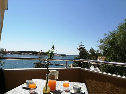 una mesa con bebidas y vistas al agua en Apartmani Nevena, en Brodarica