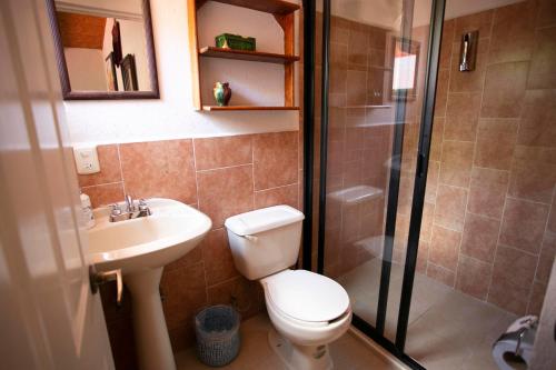 a bathroom with a toilet and a sink and a shower at Majikal B&B - Cabañita in Cholula