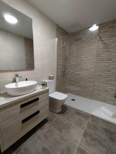 a bathroom with a sink and a toilet and a tub at Disfruta Teruel in Teruel