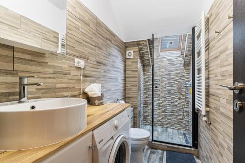 a bathroom with a sink and a washing machine at Snug Apartments - Private Parking near DownTown in Braşov